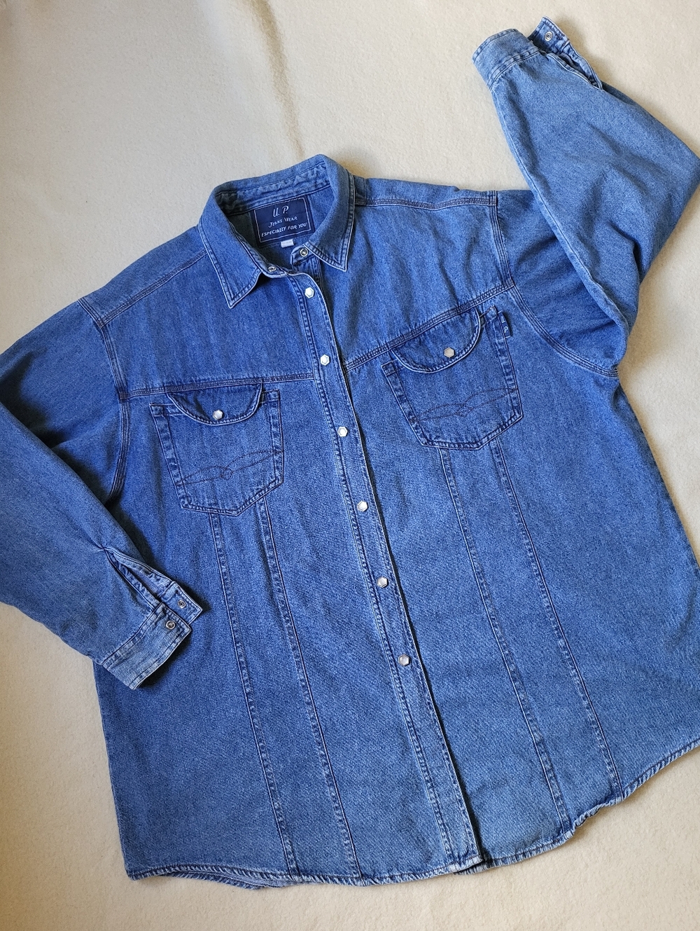 Blue Denim Long-sleeved Pearl Snap Shirt Unisex XL